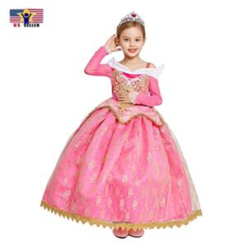 Sleeping Beauty Aurora Princess Jacquard Child Dress Pink Halloween Costume - S
